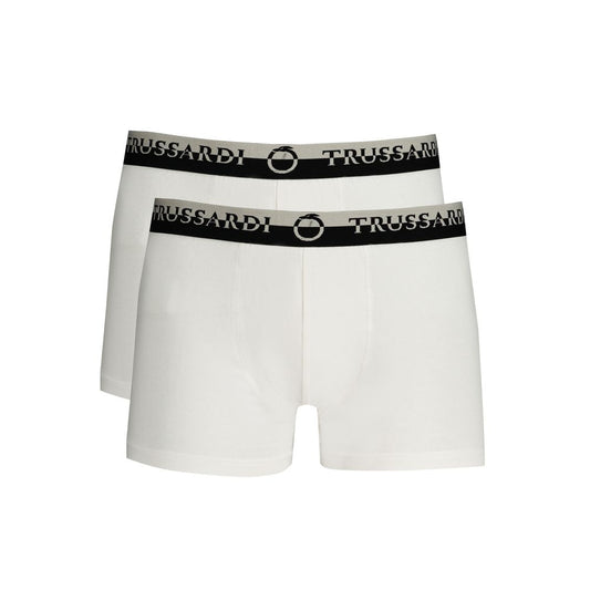 Trussardi White Cotton Underwear featuring bi-pack boxer with elastic waist and logo print. High-quality comfortable design.