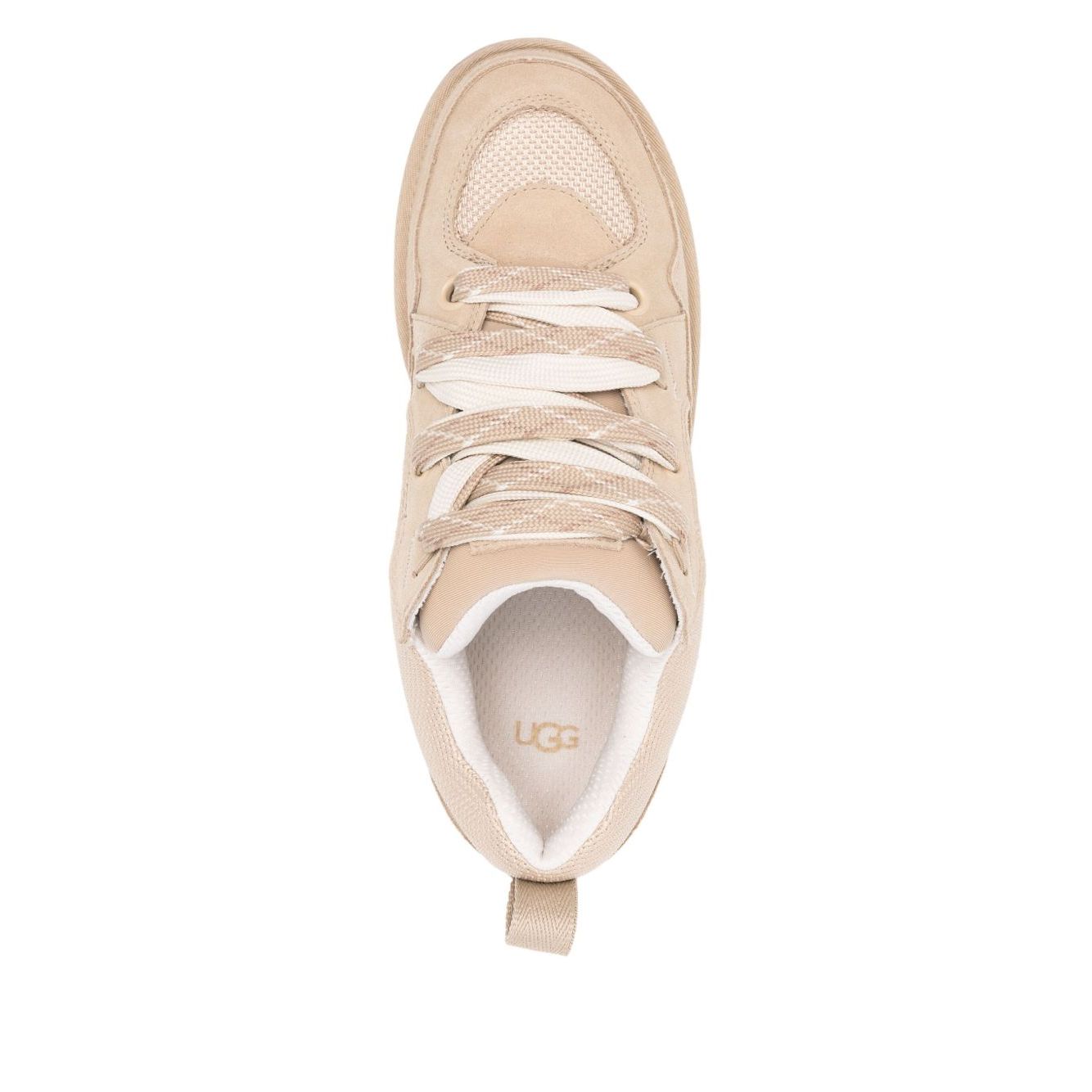 UGG Australia Sneakers Beige with light beige front lace-up, rubber sole, and debossed logo, top view showing pull-tab and platform height.