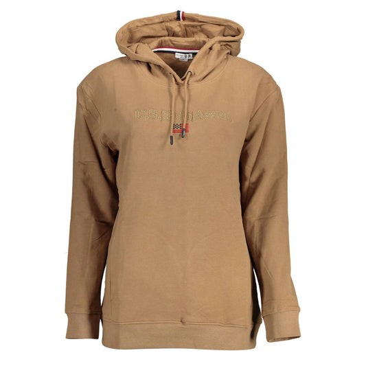 U.S. POLO ASSN. Brown Cotton Sweater with hood, 2 pockets, embroidery, and contrasting details on a white background.