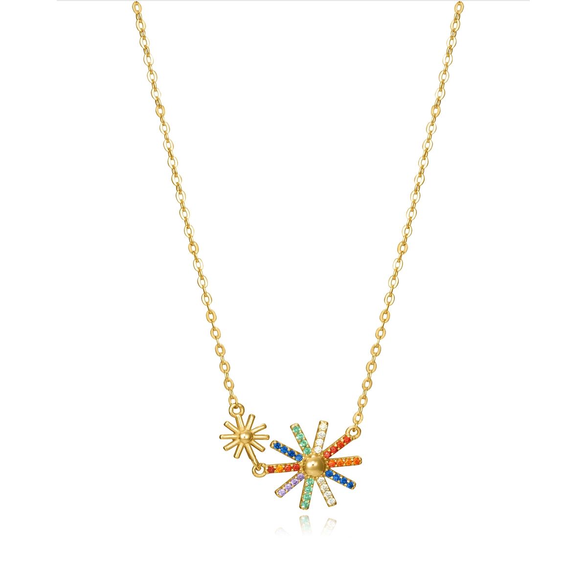 Colorful daisy charm necklace with gold chain featuring multi-colored gemstones and floral design.