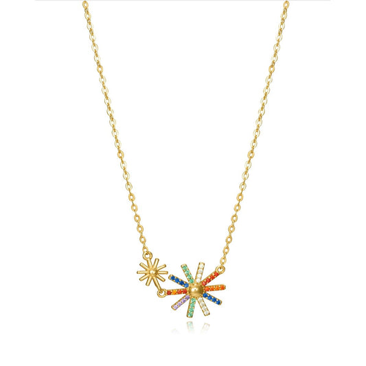 Colorful daisy charm necklace with gold chain featuring multi-colored gemstones and floral design.