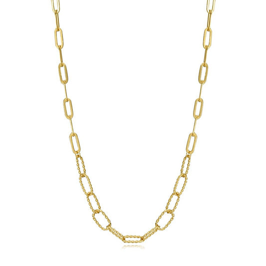 Gold chain necklace featuring elongated links on a white background.