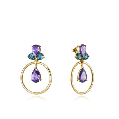 Elegant gold and purple gemstone earrings with round loops showcasing luxury jewelry.