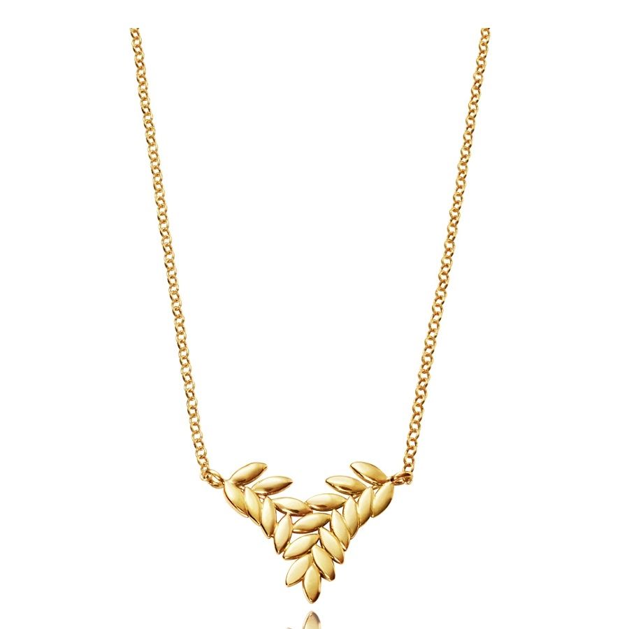 Gold leaf design necklace with elegant chain and intricate detail, perfect for adding sophistication and style to any outfit.