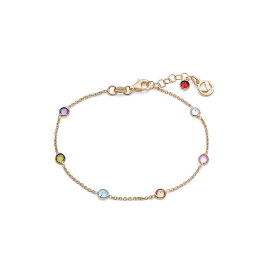 Elegant gold chain bracelet with colorful gemstones displayed on a white background.