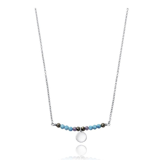 Elegant silver necklace with multicolored beads and circular pendant on a white background.