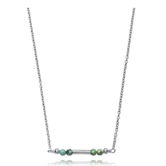Delicate silver chain necklace with green beads and bar detail, minimalist jewelry design.