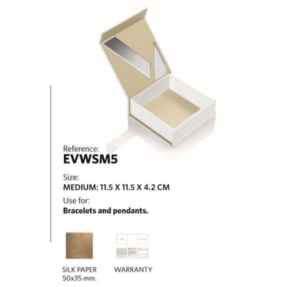 Medium-sized jewelry box EVWSM5 for bracelets and pendants, dimensions 11.5x11.5x4.2 cm, includes silk paper and warranty.