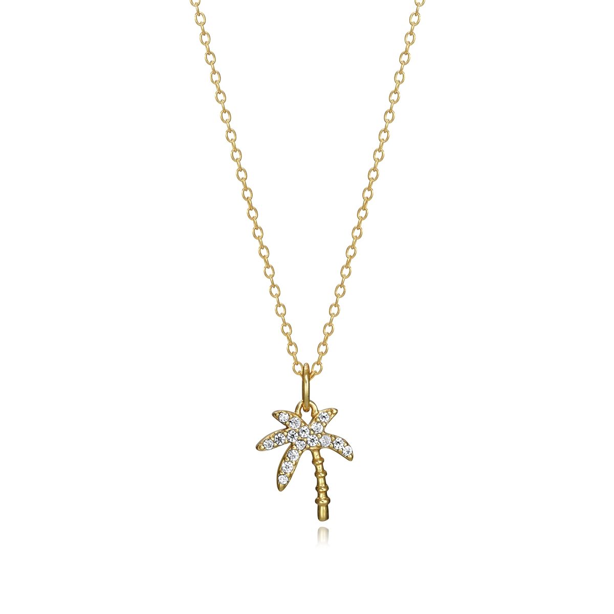 Gold necklace with a palm tree pendant adorned with crystals. Elegant and stylish jewelry piece for ladies. Perfect for chic occasions.