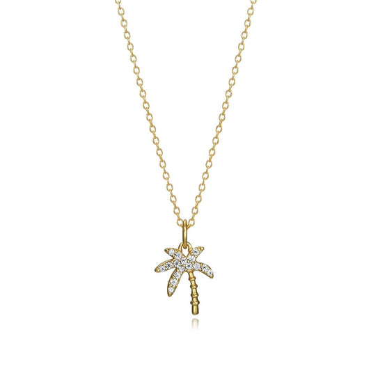 Gold necklace with palm tree pendant adorned with rhinestones, elegant design perfect for beach-inspired fashion and casual elegance.