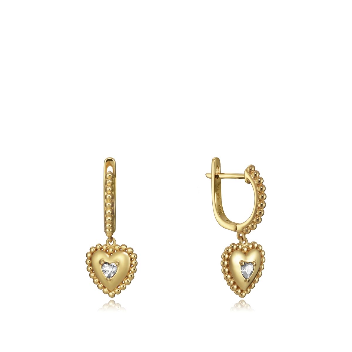 Alt Tag: Gold heart-shaped drop earrings with intricate detailing for ladies, beautifully presented. Elegant and stylish jewelry piece.