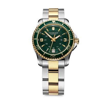 VICTORINOX WATCHES Mod. V241612 with gold and silver bracelet, green dial and rotating bezel, featuring date display and luminous markers.