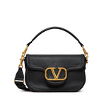 Black Valentino Garavani Alltime Grainy Calfskin Shoulder Bag with gold VLogo, detachable strap, foldover top, and rear slip pocket.