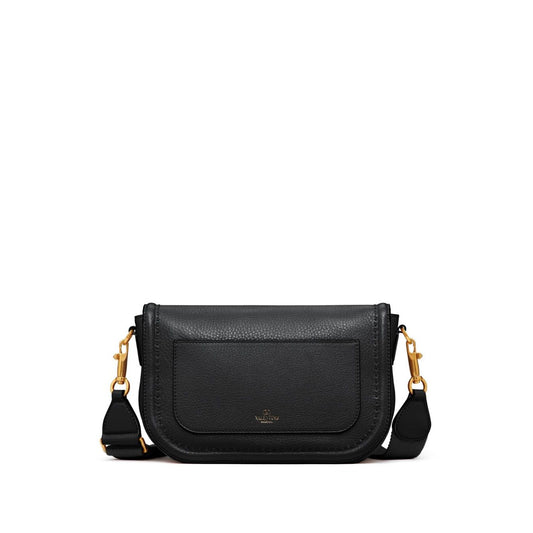 Valentino Garavani Alltime Grainy Calfskin Shoulder Bag in black with VLogo, detachable strap, and multiple pockets, front view.