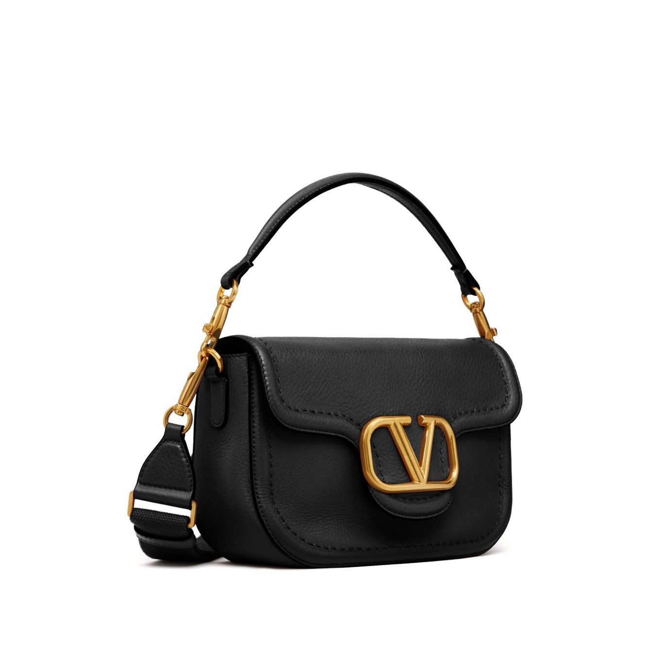 Valentino Garavani Alltime Grainy Calfskin Shoulder Bag in black with a foldover top, VLogo, detachable strap, and rear slip pocket.