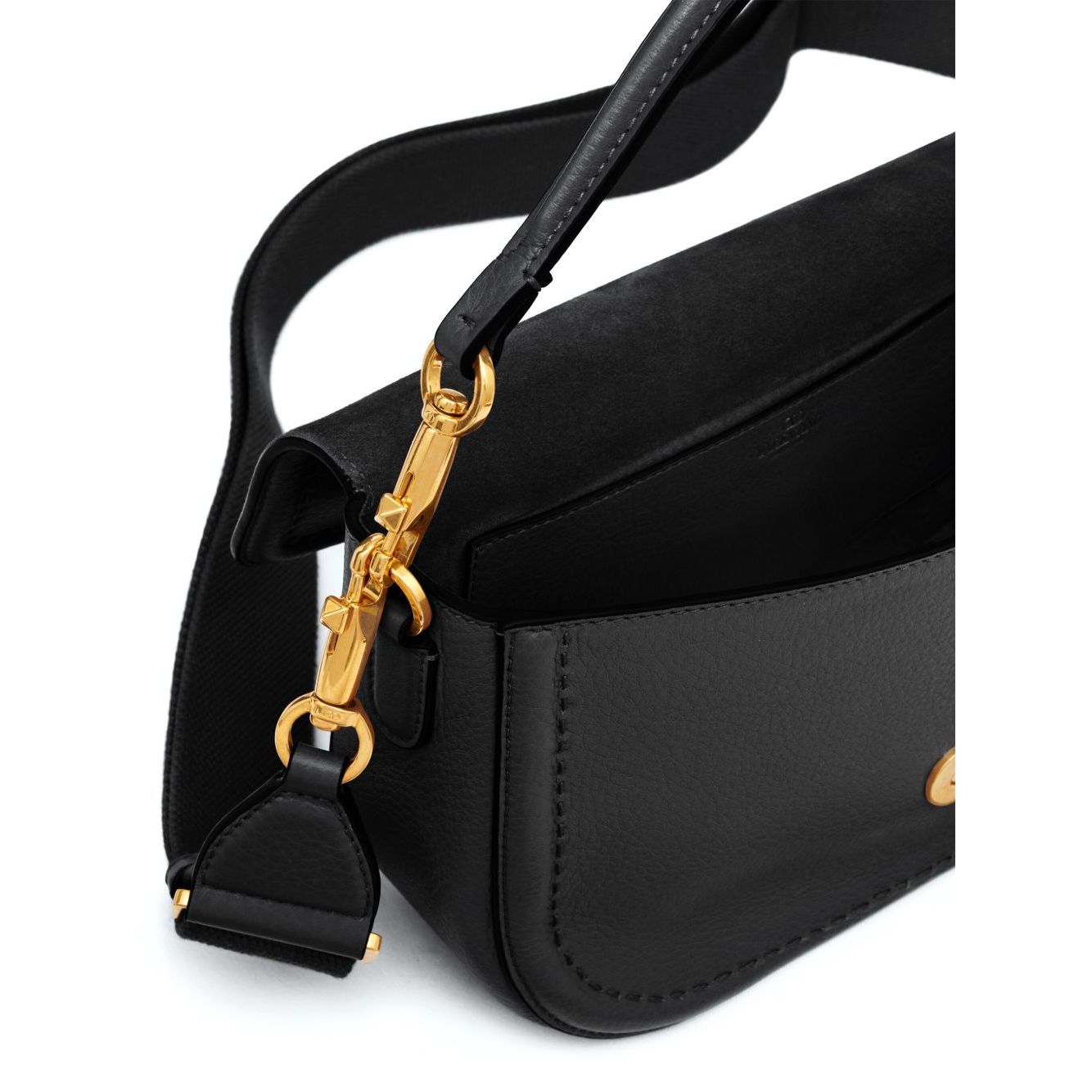 Valentino Garavani Alltime Grainy Calfskin Shoulder Bag with black leather and gold hardware details.