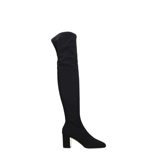 Valentino Garavani Black Fabric Over The Knee boots with square toe, zip closure, and mid heels made from leather and fabric.