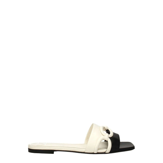 Valentino Garavani Black Leather Slippers, casual open toe flat with ivory accents, leather sole, SKU S0GH7ZUC790.
