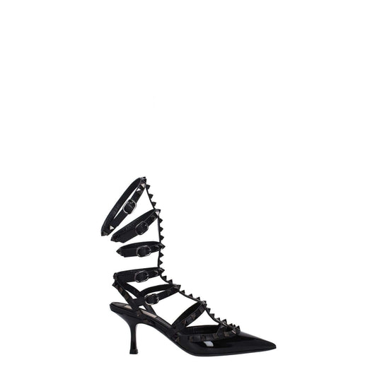 Valentino Garavani Black Leather Stiletto Heel Sandals with Studs, Patent Leather, Buckle Closure, Pointy Toe, 7 cm Heel