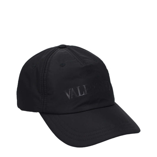 Valentino Garavani Black Polyamide Cap (Baseball Hat) with front logo and buckle closure, designed for a casual style.