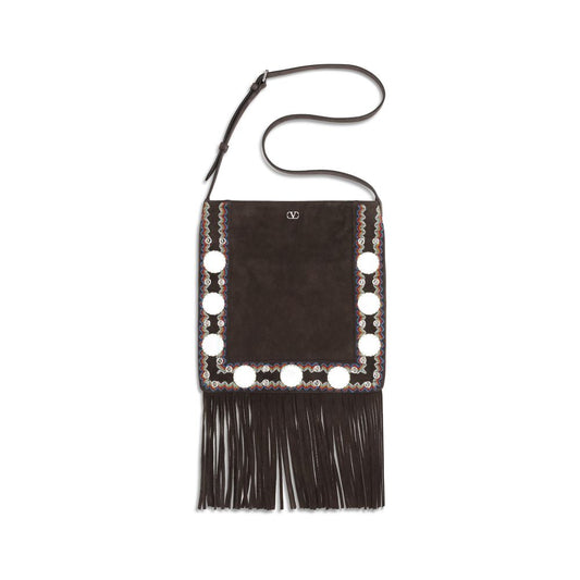 Valentino Garavani Brown Calf Leather Bos Taurus Shoulder Bag with fringes and metal studs, shown with adjustable suede strap.