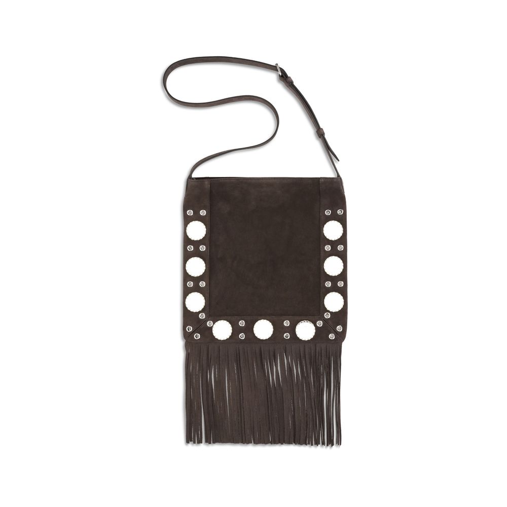Valentino Garavani Brown Calf Leather Bos Taurus Shoulder Bag with suede fringe and metal stud details.