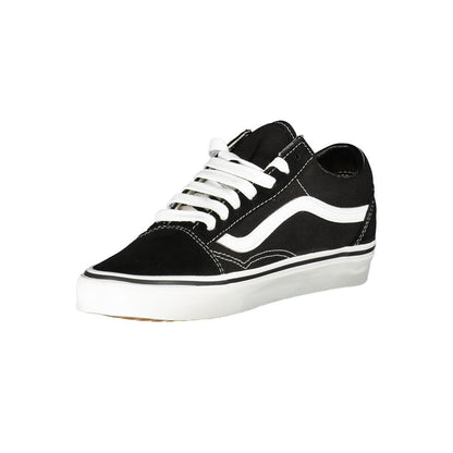 Vans Black Leather Women Sneaker with iconic white stripe and durable design on a white background.