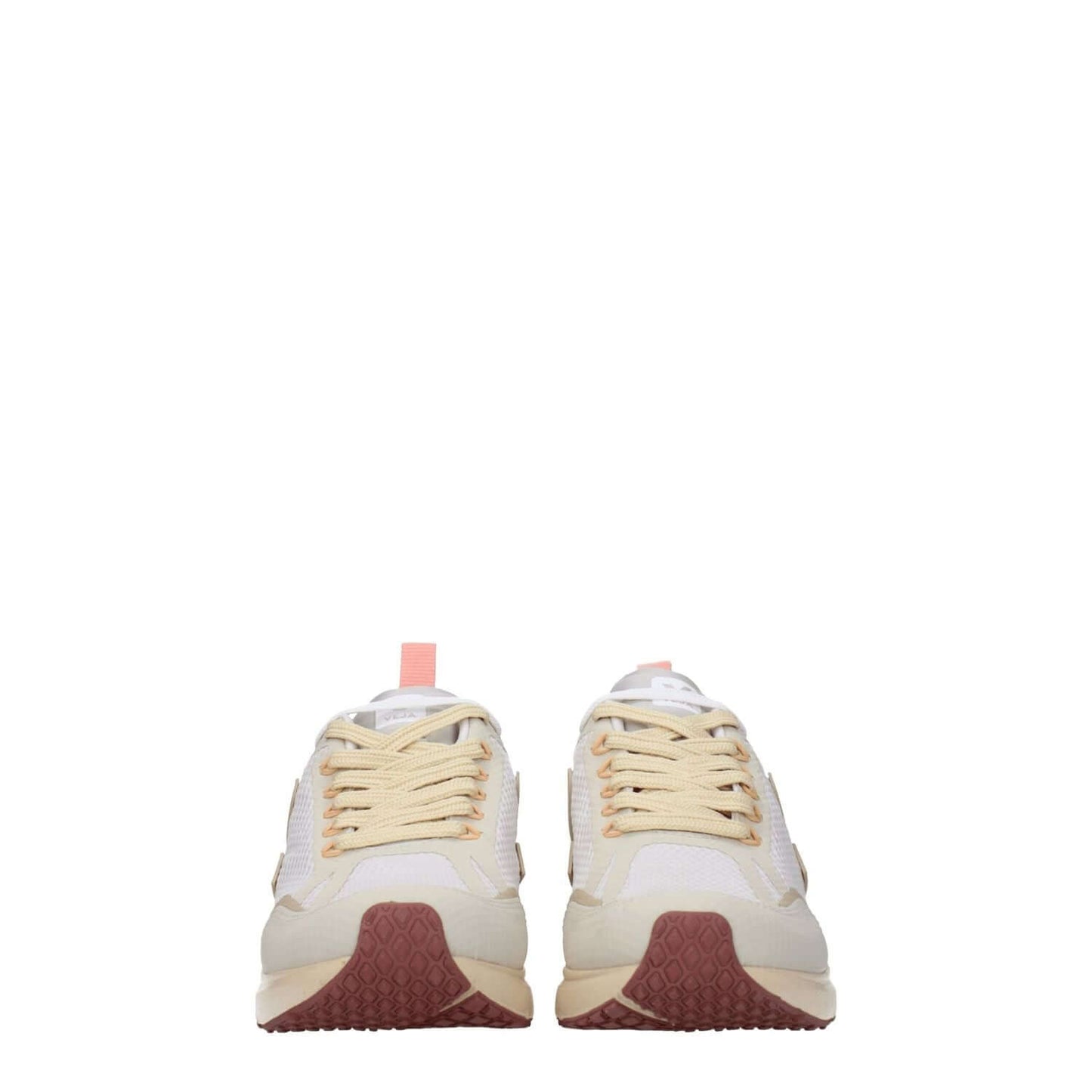 Front view of Veja Beige Fabric Athletic Sneakers with lace-up closure and rubber sole, featuring front logo. Street style design.