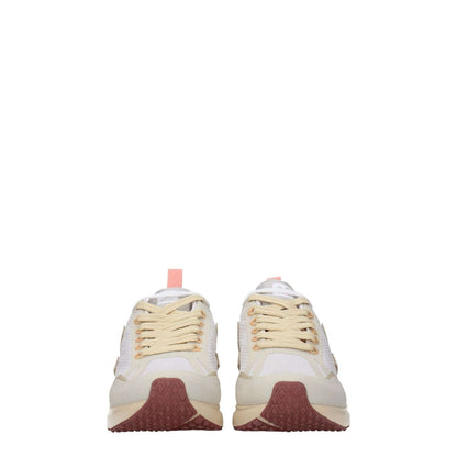 Front view of Veja Beige Fabric Athletic Sneakers with lace-up closure and rubber sole, featuring front logo. Street style design.