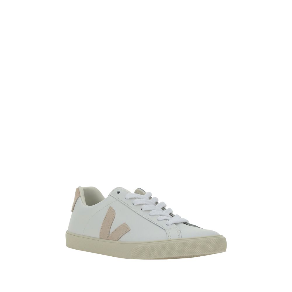 Veja White Calf Leather Bos Taurus Sneakers with round toe and lace-up closure, featuring iconic side logo patch and rubber sole.