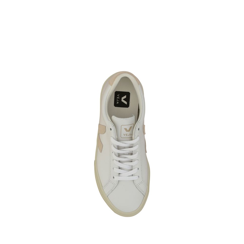 Veja White Calf Leather Bos Taurus Sneakers, top view, featuring embossed logo, lace-up design, rubber sole, AW25 collection.