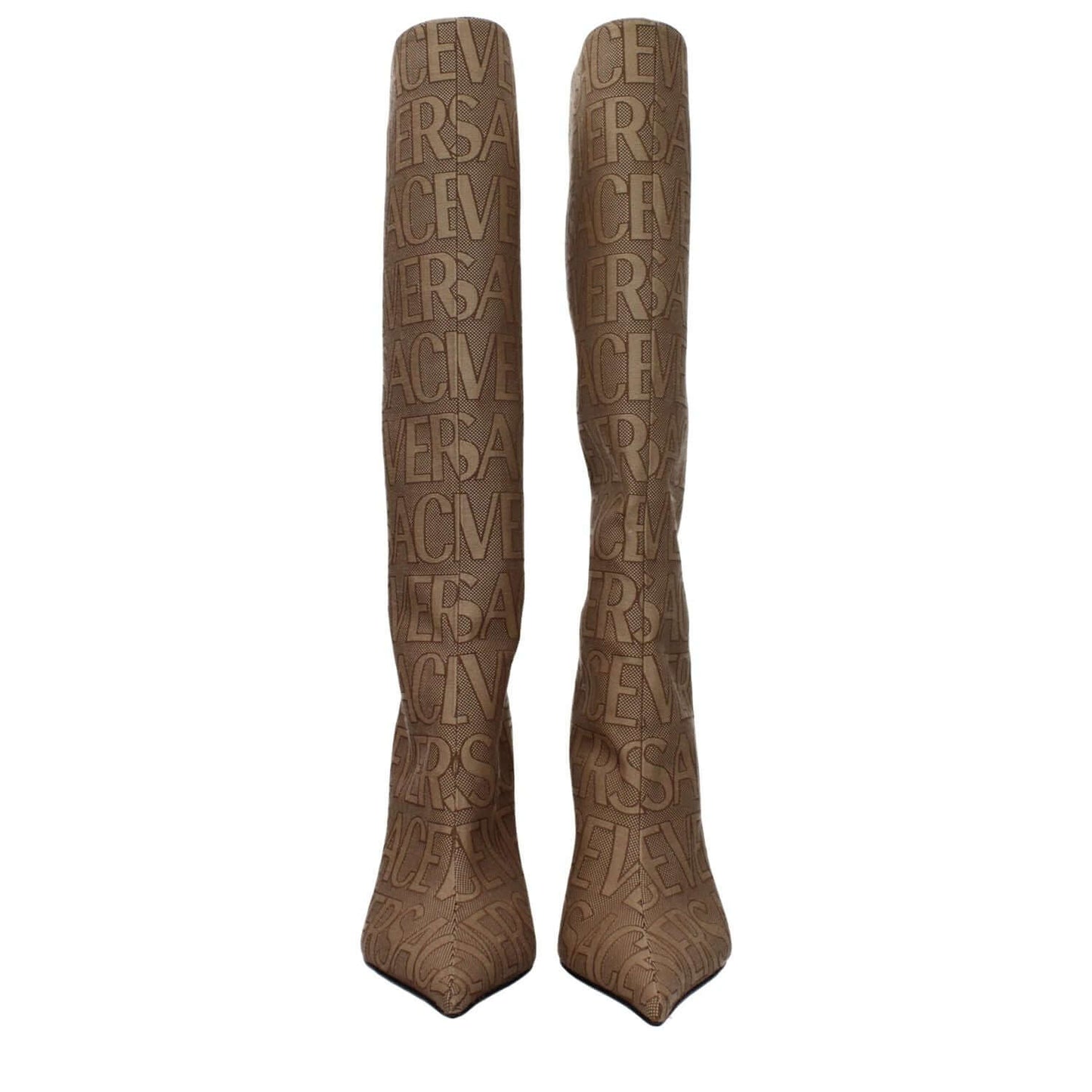 Versace Beige Fabric High Heel Boots with logo, pointy toe, leather sole, and zip closure, style code F80012, heel height 11 cm.