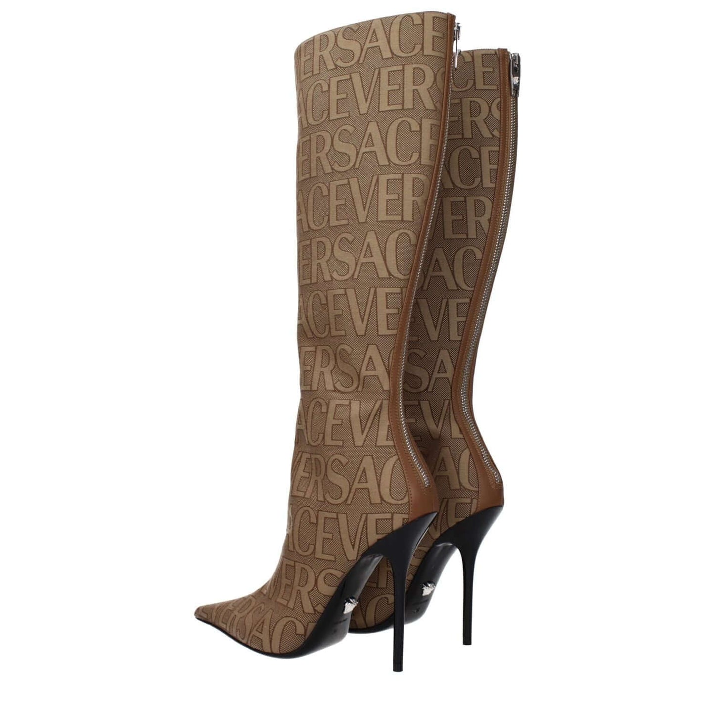 Versace Beige Fabric High Heel Boots with logo design, pointy toe, and zip closure, featuring an 11 cm leather sole for casual style.