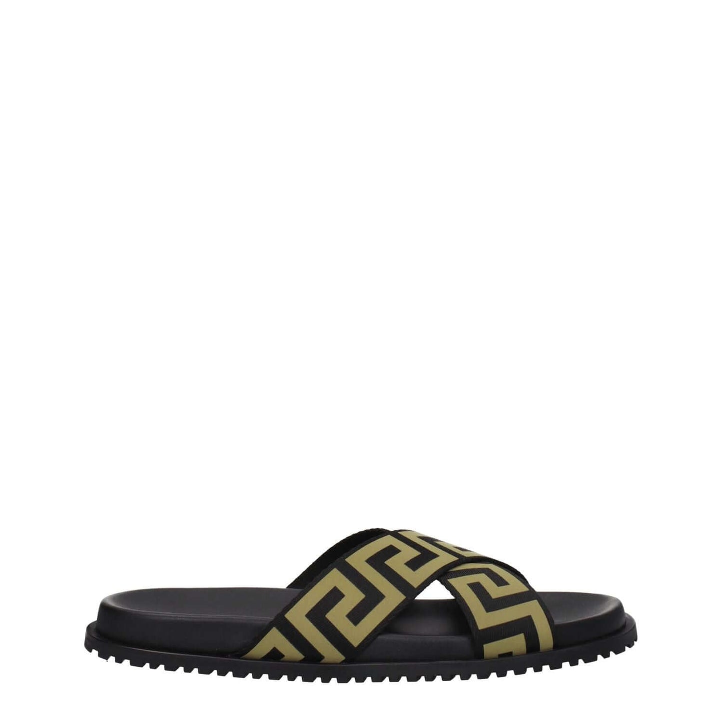 Versace Black Fabric Slippers with gold accents, open toe, and rubber sole. Casual flat heel design, ideal for stylish comfort.