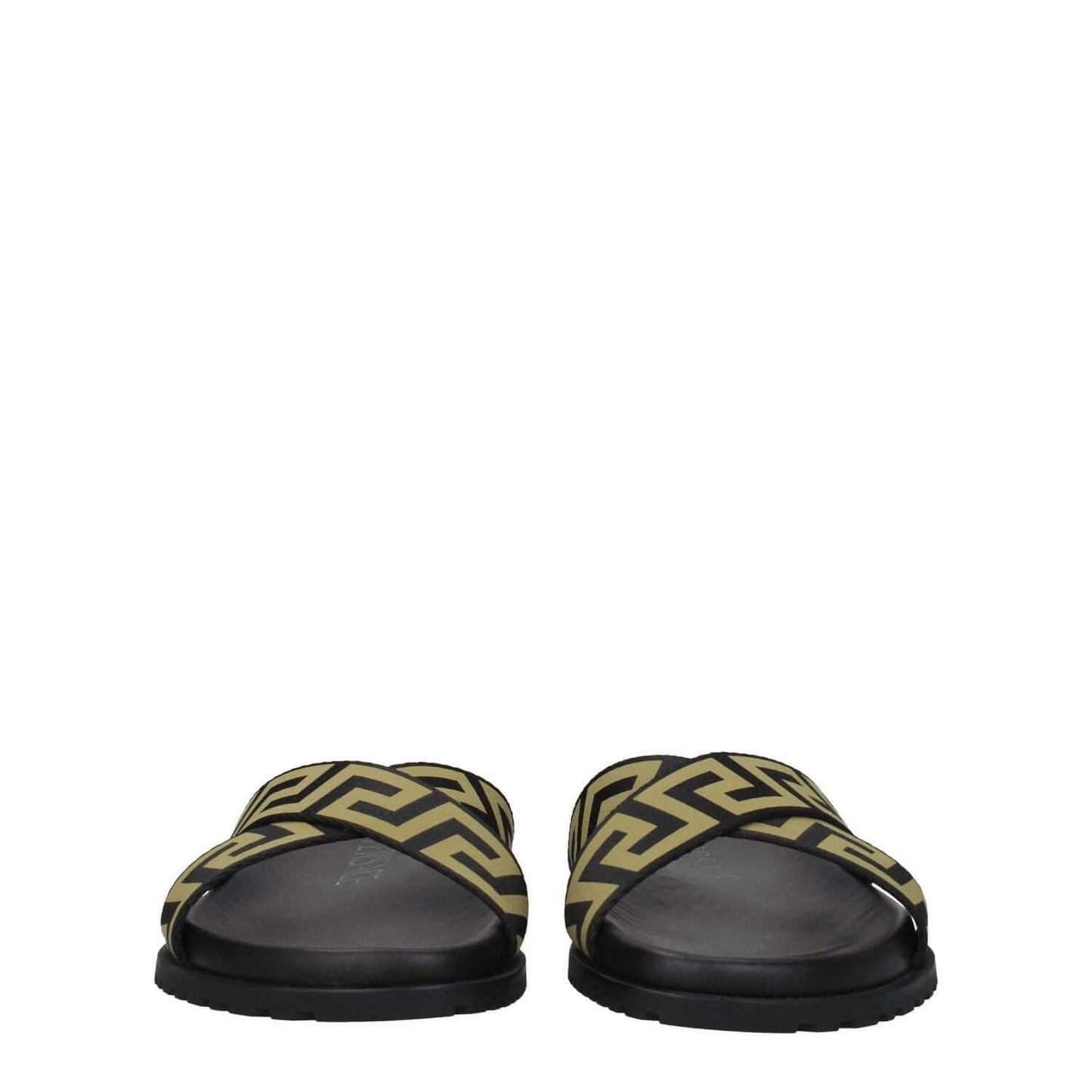 Versace Black Fabric Slippers with gold pattern, casual open toe design and rubber sole. MPN 10083181A059582B150.