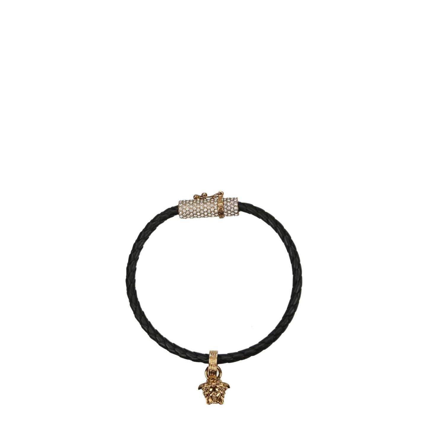 Versace Black Leather Bracelet with gold accent and hook closure