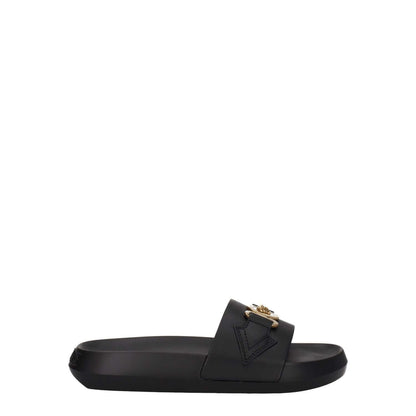 Versace Black Leather Slippers with gold front detail and rubber sole, open toe design, casual style, flat heel.