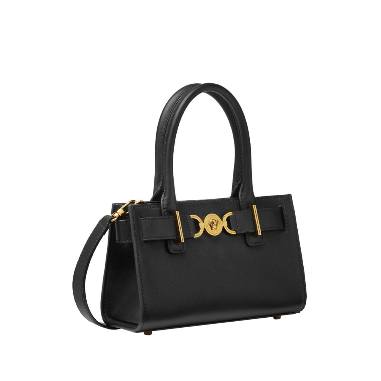 Alt Tag: Versace Medusa '95 leather tote bag in black with gold accents, featuring elegant design and top handles.