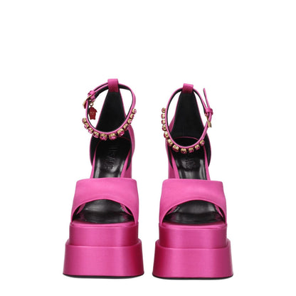 Versace Pink Satin Platform Sandals with rhinestone detail and buckle closure, high heel and open toe design.