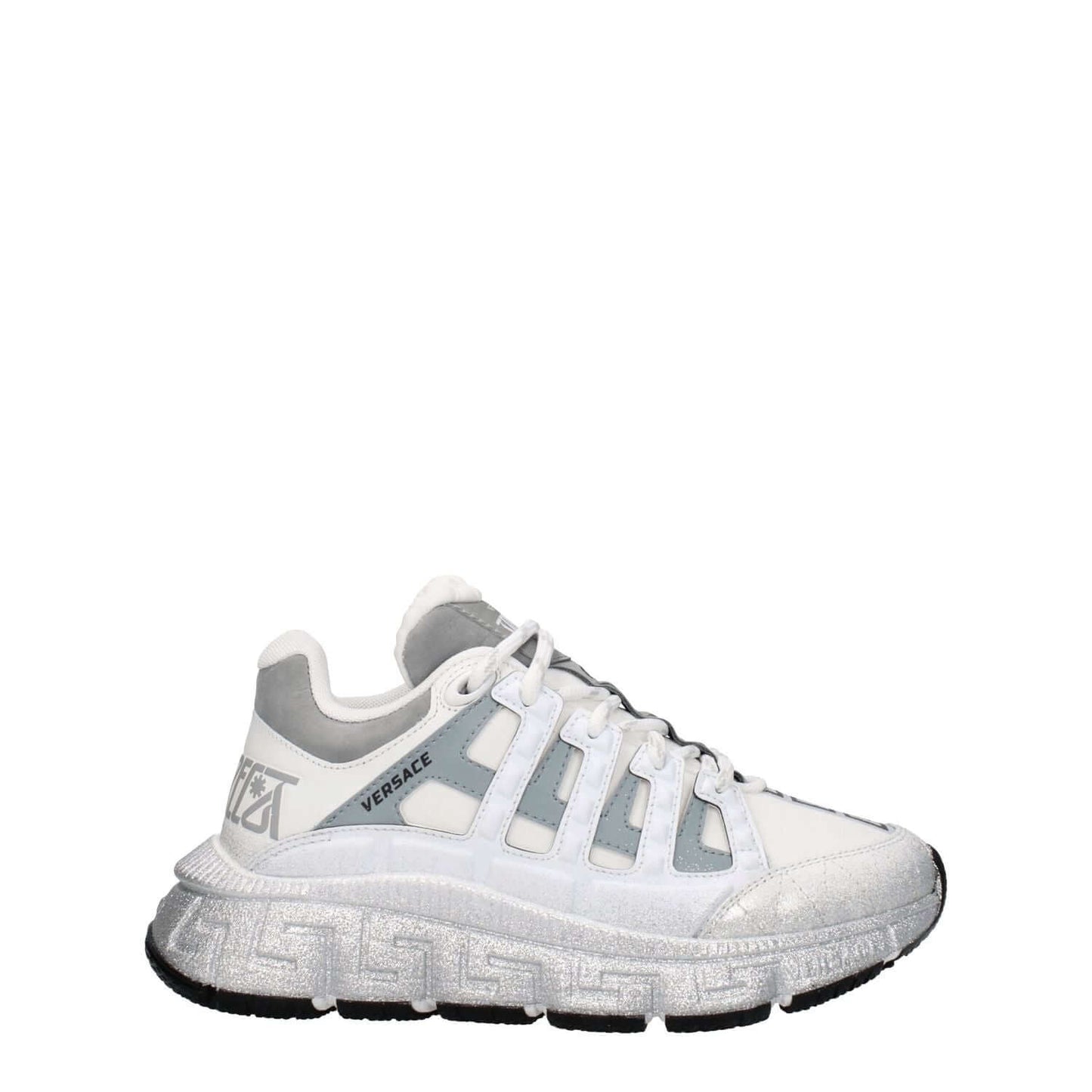 Versace White Fabric Athletic Sneakers with logos, mid-height heels, and rubber sole.