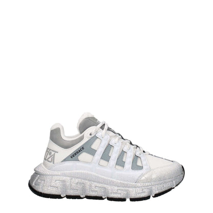Versace White Fabric Athletic Sneakers with logos, mid-height heels, and rubber sole.