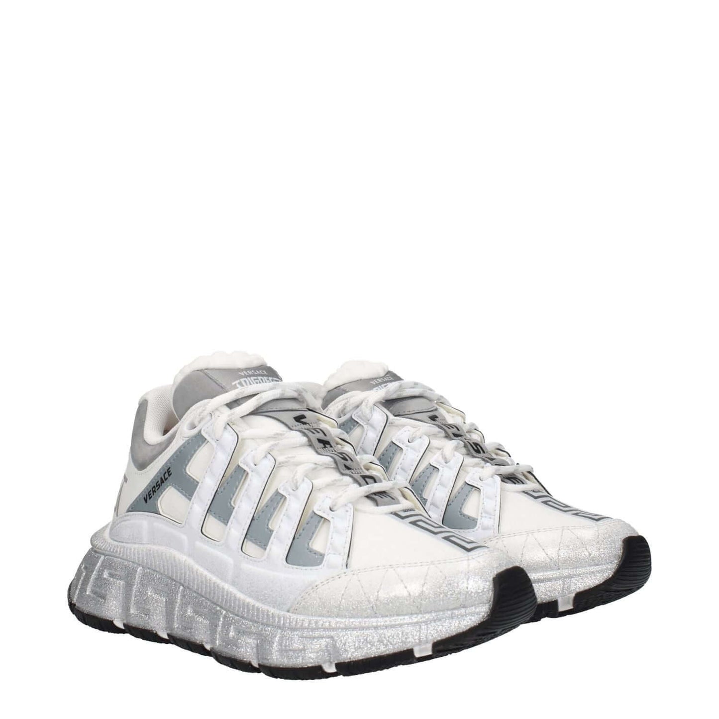 Versace White Fabric Athletic Sneakers with logos in white and silver, featuring lace-up closure and rubber sole, MPN 10041821A081592W270.