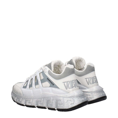 Versace White Fabric Athletic Sneakers with rubber sole, mid heels, and lace-up closure, featuring logos on front, side, and back.