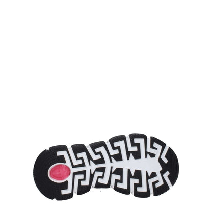Sole of Versace White Fabric Athletic Sneakers, featuring black and pink rubber sole with geometric pattern. Focus keyword: Versace White Fabric Athletic Sneakers.