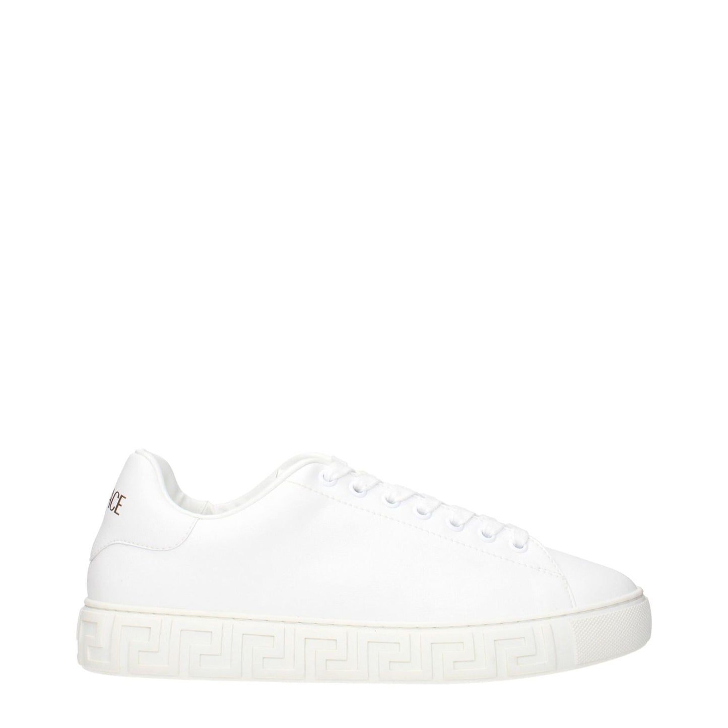 Versace White Leather Low Tops sneakers with front and back logo details on white leather, side view, MPN 10144601A096081W010.