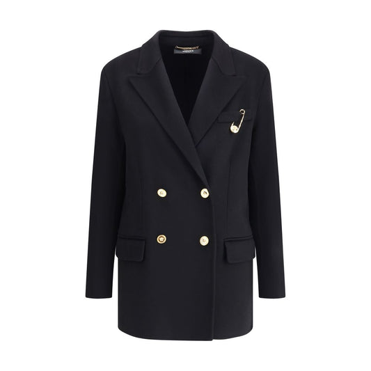 Versace Wool and cachemire Double-breasted Coat with Medusa buttons and Safety Pin accessory, notched lapel, and front patch pockets.