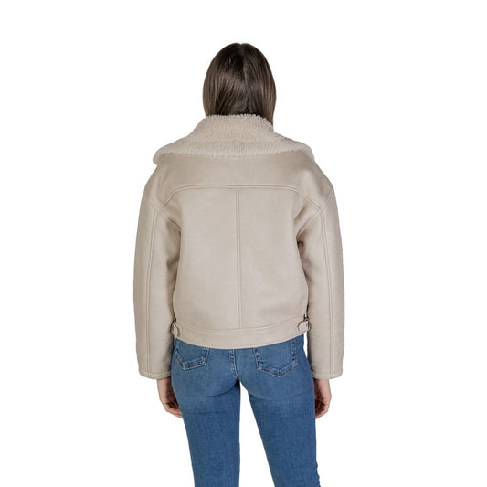 Back view of Vila Clothes Beige Artificial Leather Jackets & Coat with shearling collar and durable eco-leather for women.