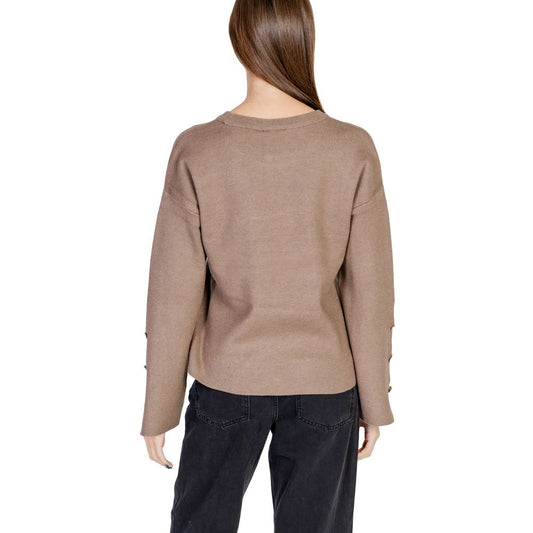 Vila Clothes Brown Viscose Sportswear with button detail knit top, rear view of the women's sweater showcasing its refined style.