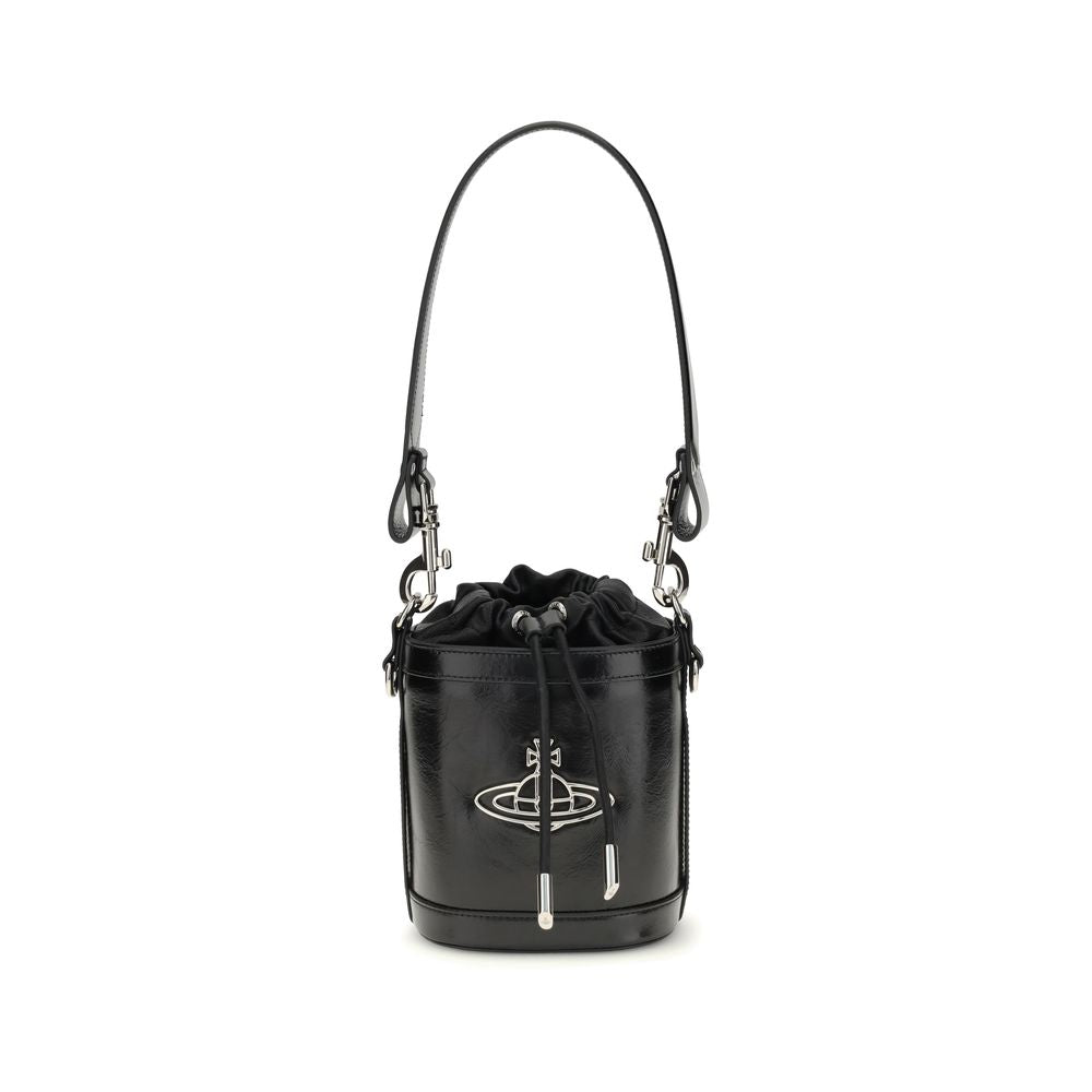 Vivienne Westwood Black Calf Leather Bos Taurus Backet Bag with iconic Orb detail, featuring a removable chain strap and drawstring closure.