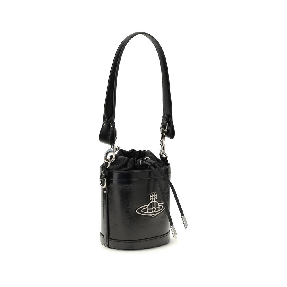 Vivienne Westwood Black Calf Leather Bos Taurus Backet Bag with Orb detail and drawstring closure, featuring a removable chain strap.